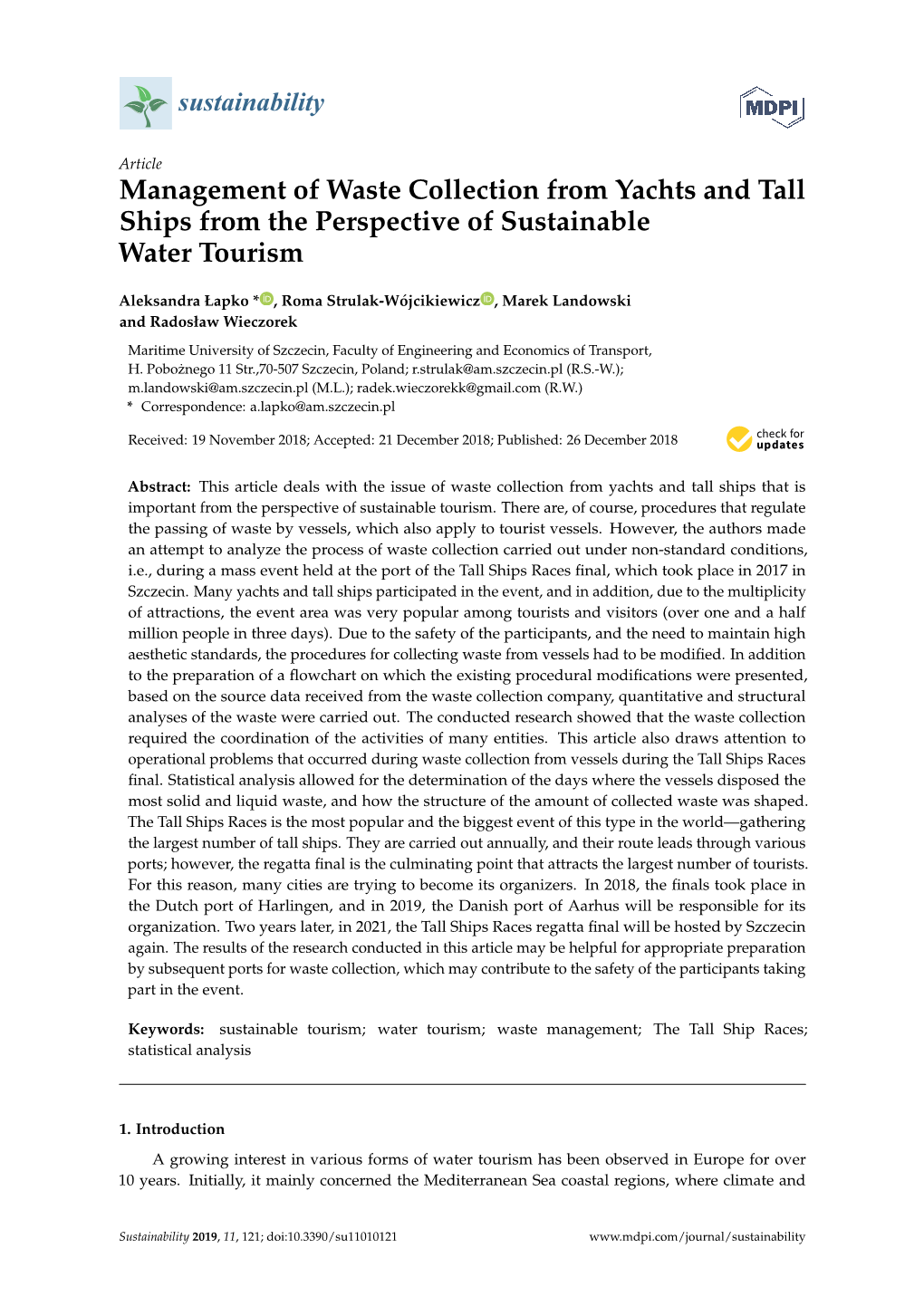 Management of Waste Collection from Yachts and Tall Ships from the Perspective of Sustainable Water Tourism