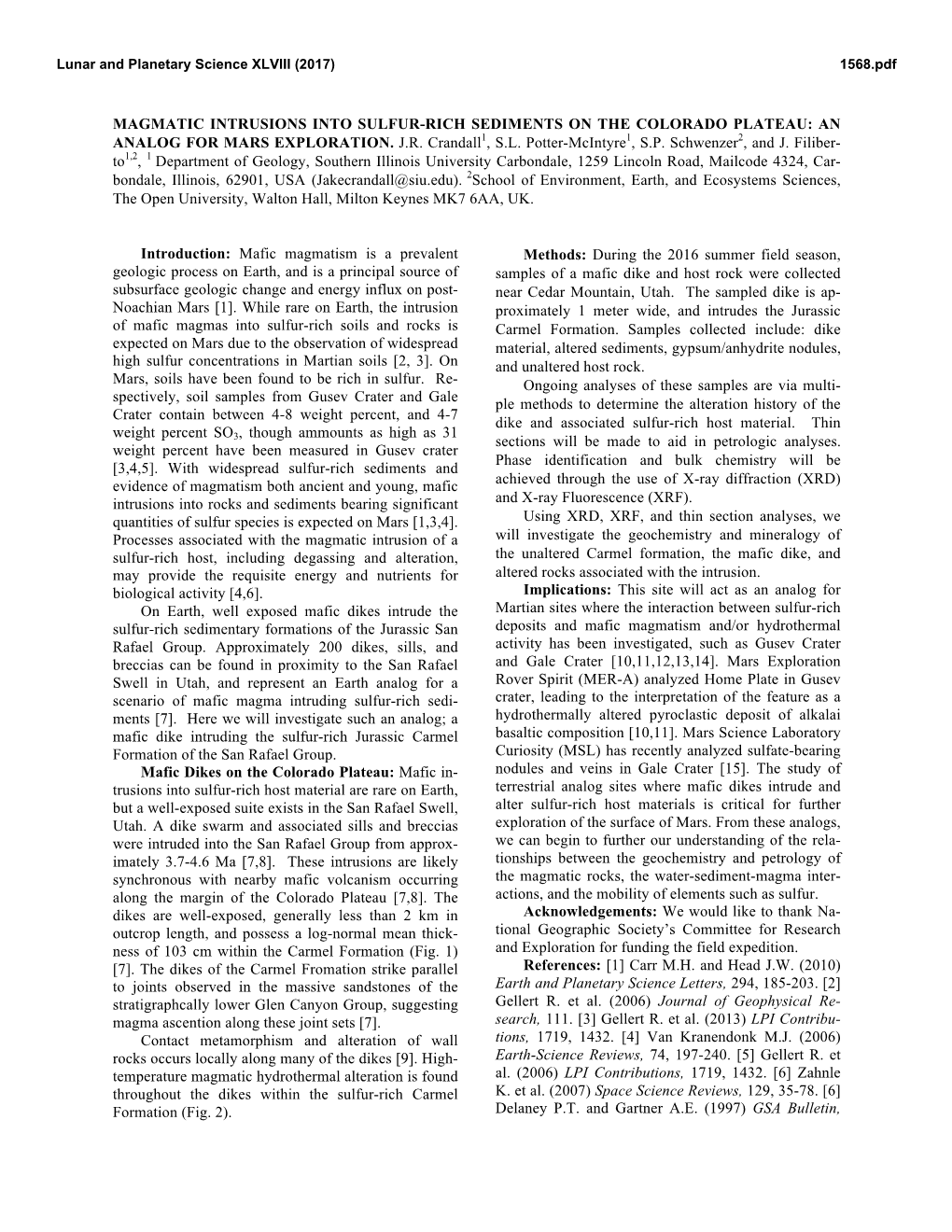 Magmatic Intrusions Into Sulfur-Rich Sediments on the Colorado Plateau: an Analog for Mars Exploration