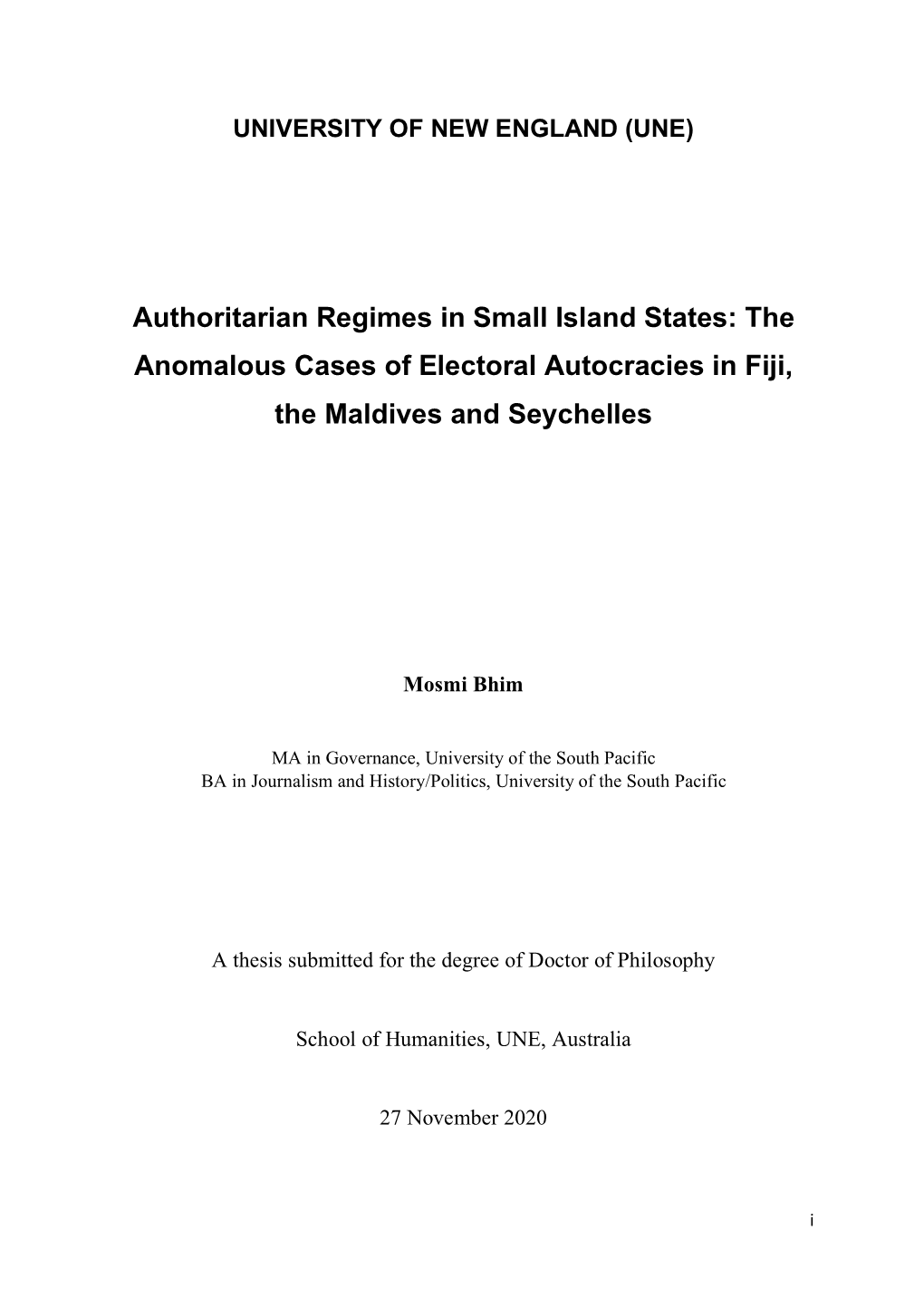 Authoritarian Regimes in Small Island States: the Anomalous Cases of Electoral Autocracies in Fiji, the Maldives and Seychelles
