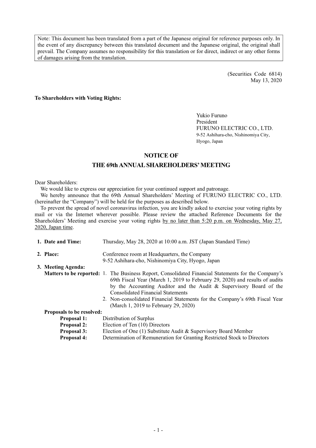 NOTICE of the 69Th ANNUAL SHAREHOLDERS' MEETING