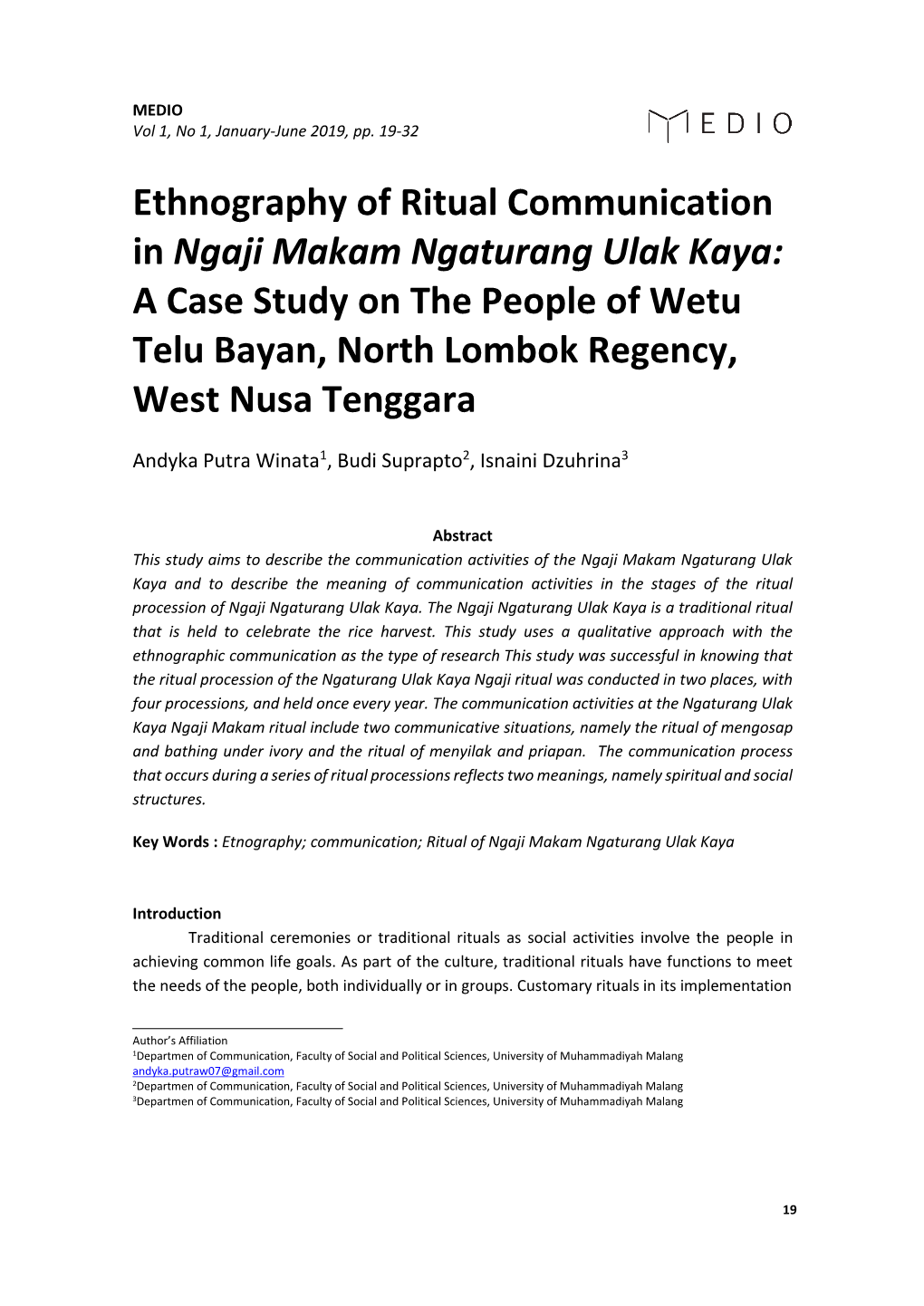 Ethnography of Ritual Communication in Ngaji Makam Ngaturang Ulak Kaya: a Case Study on the People of Wetu Telu Bayan, North Lombok Regency, West Nusa Tenggara