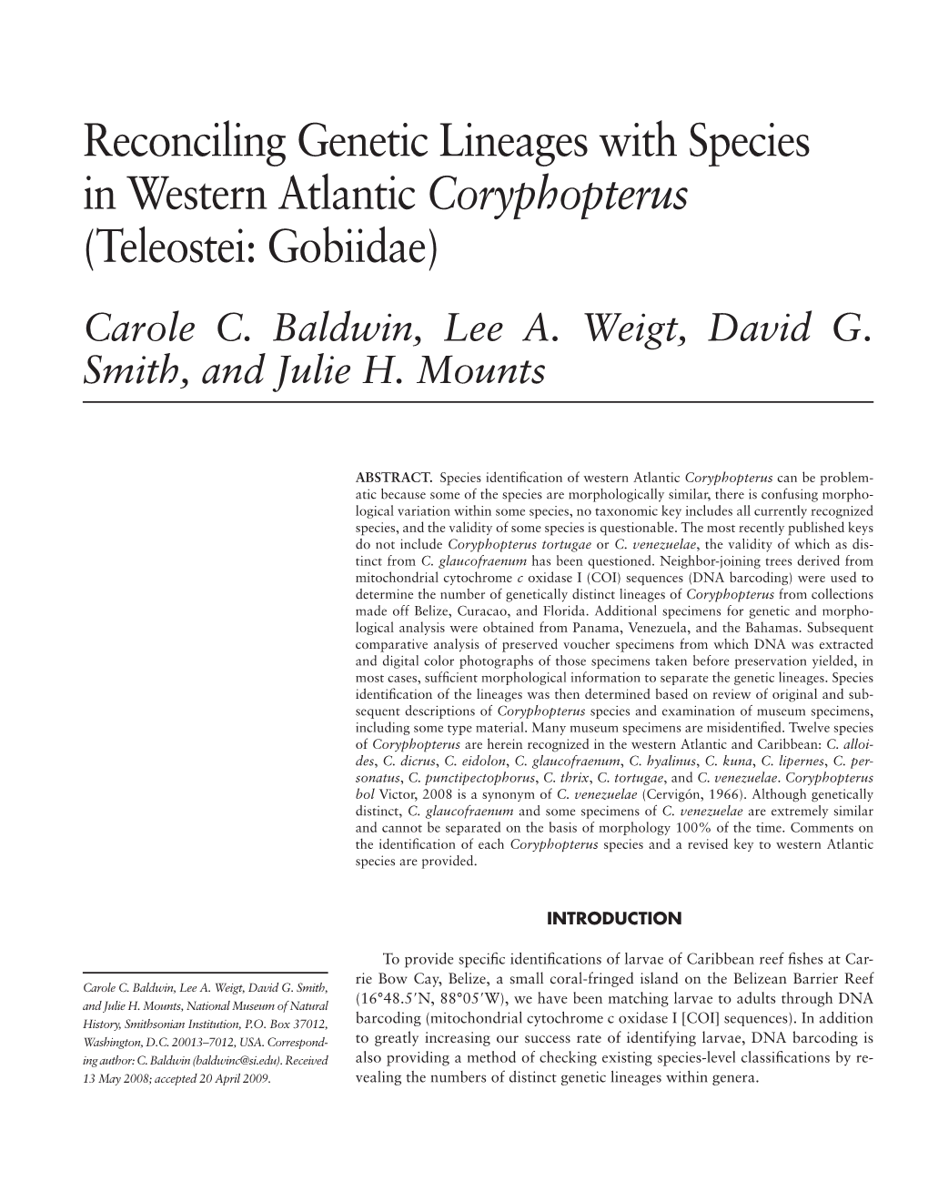 Reconciling Genetic Lineages with Species in Western Atlantic Coryphopterus (Teleostei: Gobiidae) Carole C