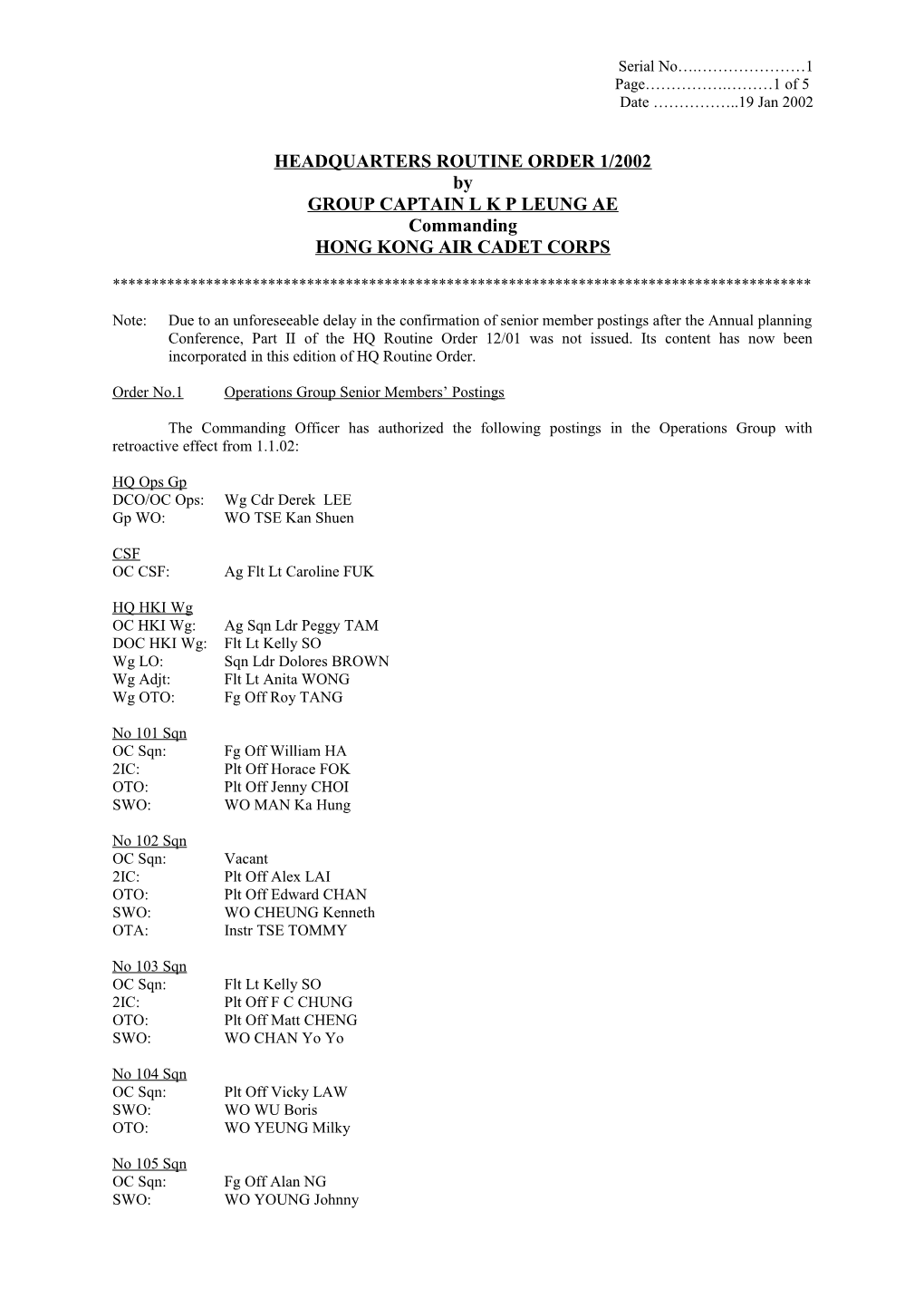 Headquarters Routine Order 1/2002