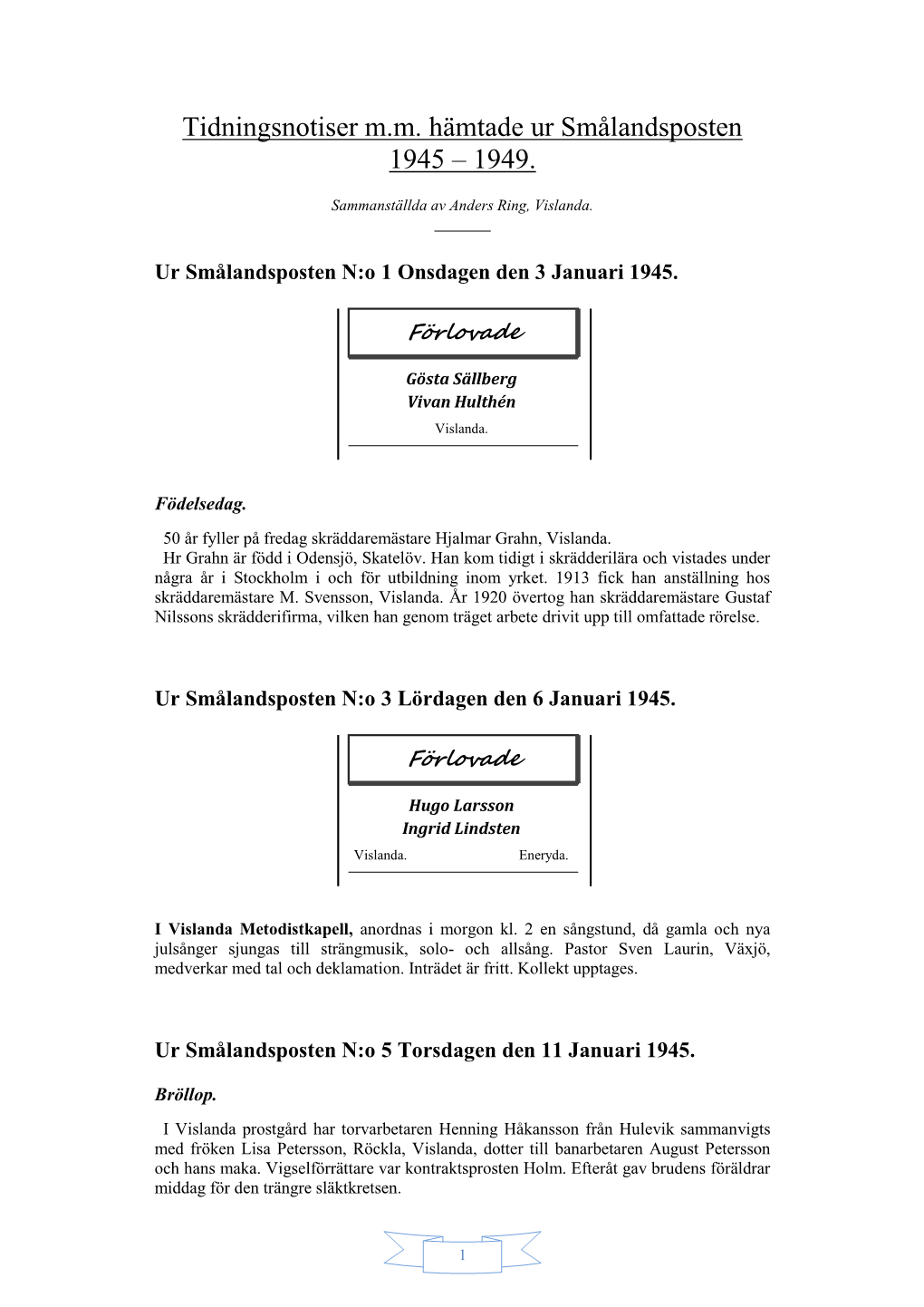 Tidningsnotiser M.M. Ur Smålandsposten 1945–1949