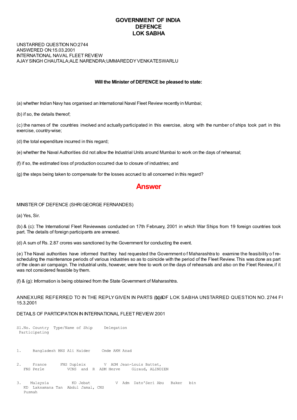 Answered On:15.03.2001 International Naval Fleet Review Ajay Singh Chautala;Ale Narendra;Ummareddy Venkateswarlu