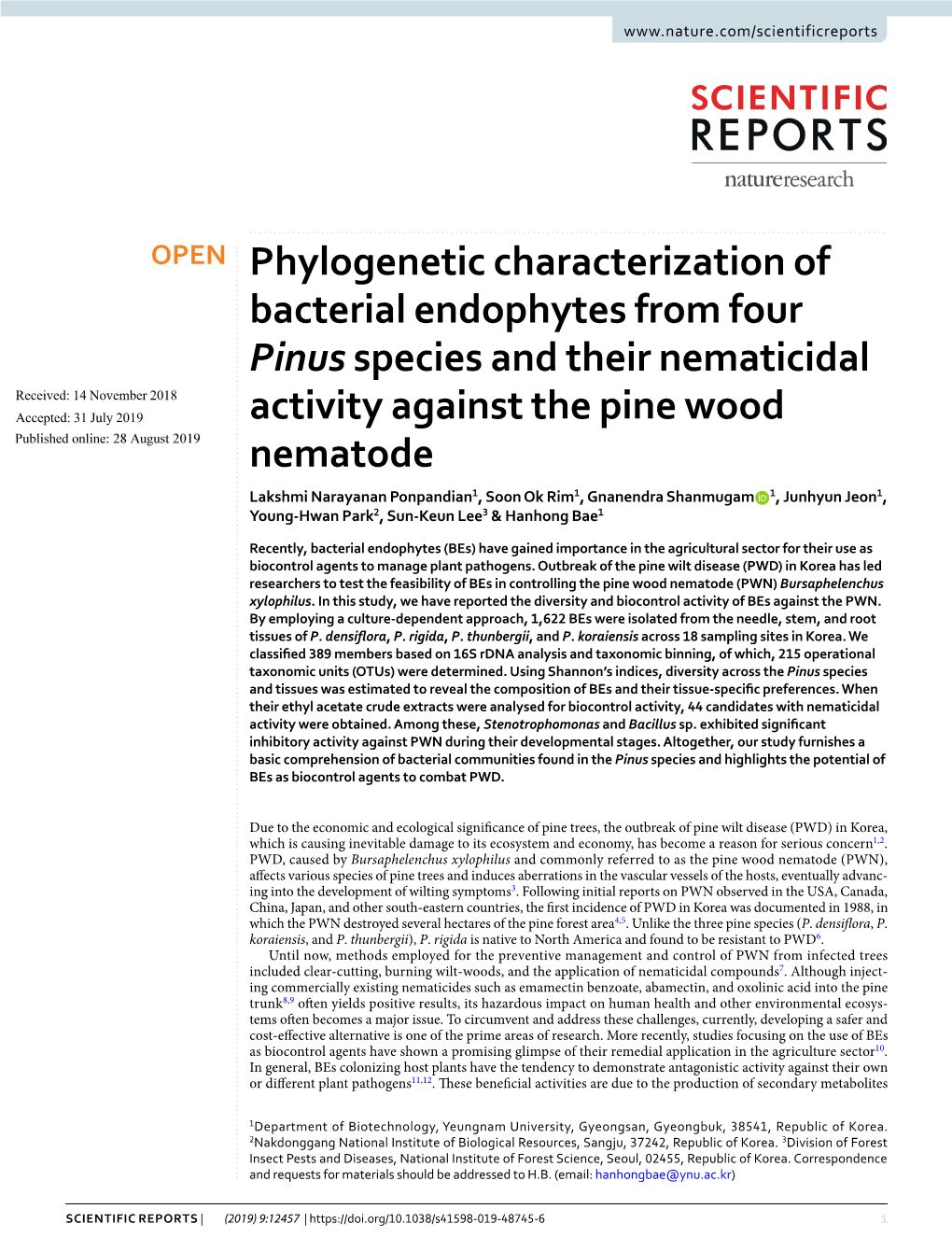 Phylogenetic Characterization of Bacterial Endophytes from Four Pinus Species and Their Nematicidal Activity Against the Pine Wo