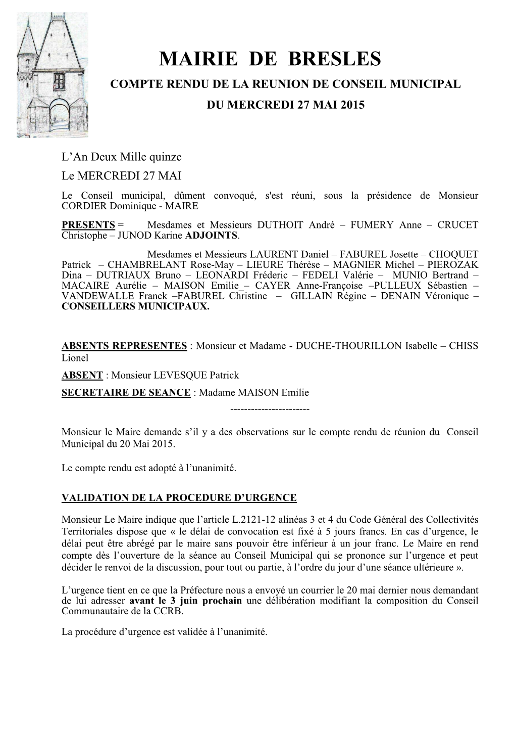 Conseil Municipal Du 27.05.2015