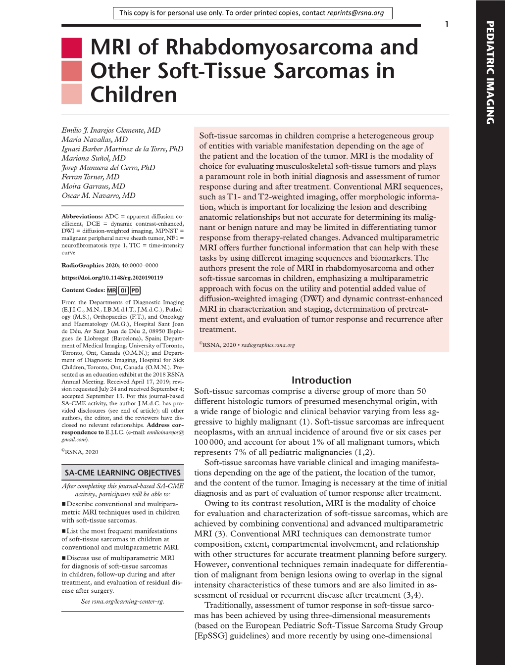 MRI of Rhabdomyosarcoma and Other Soft-Tissue Sarcomas In