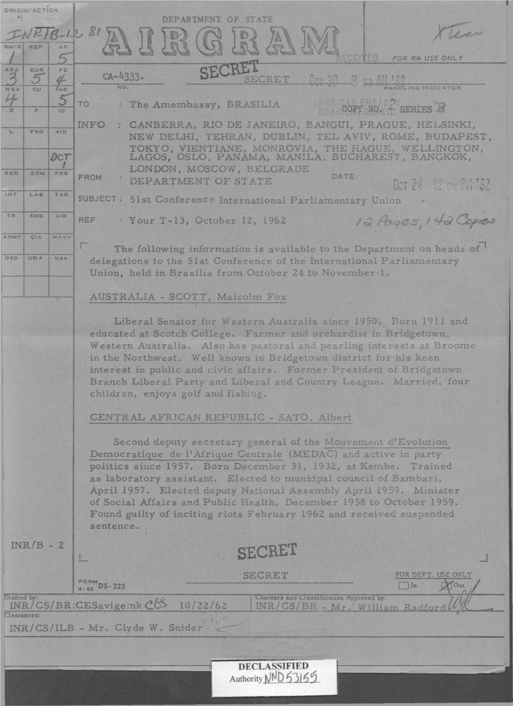 • in $ZZZJ Drafted By: Contents Anttclasstticatton Approved By: //(/// INR/CS/BR:Cesavige:Nk 10/22/62 INR/CS/BR - Mr .J William Radford" Clearances: INR/CS/ILB - Mr