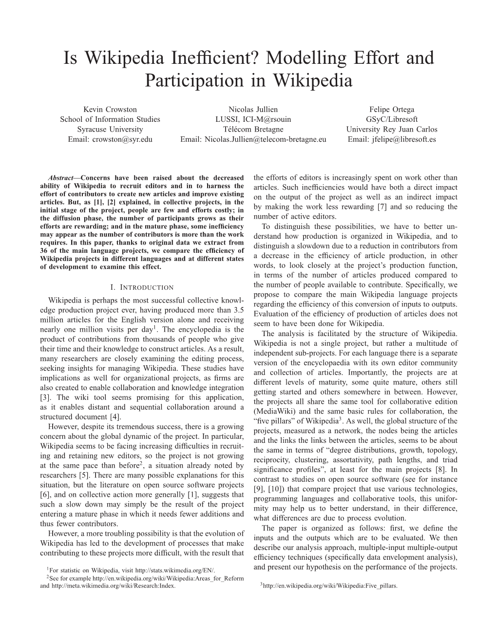 Is Wikipedia Inefficient? Modelling Effort and Participation in Wikipedia