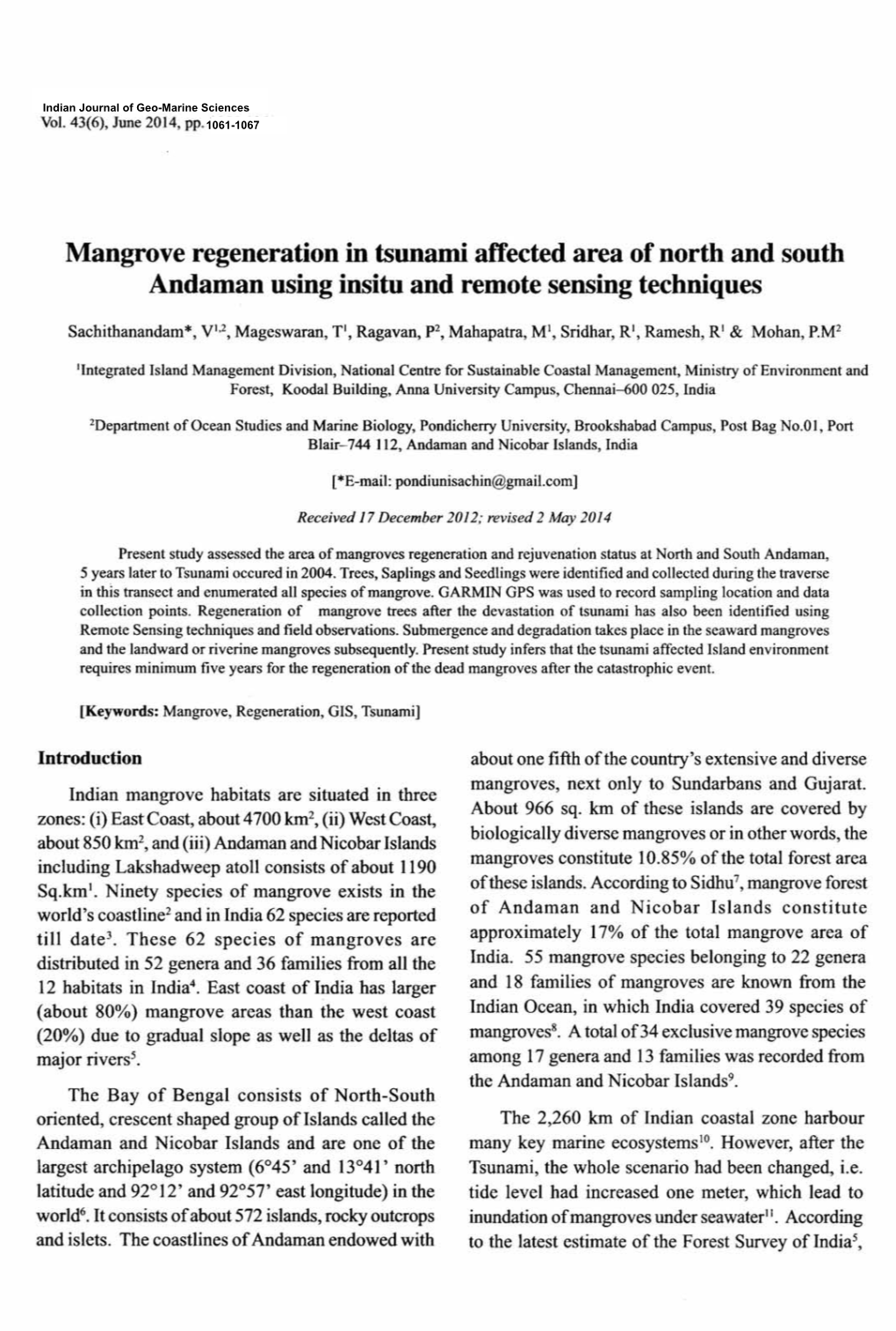 Mangrove Regeneration in Tsunami Affected Area of North and South Andaman Using Insitu and Remote Sensing Techniques