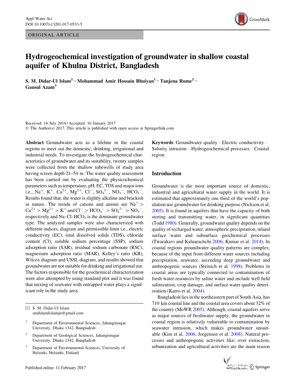 Hydrogeochemical Investigation of Groundwater in Shallow Coastal Aquifer of Khulna District, Bangladesh