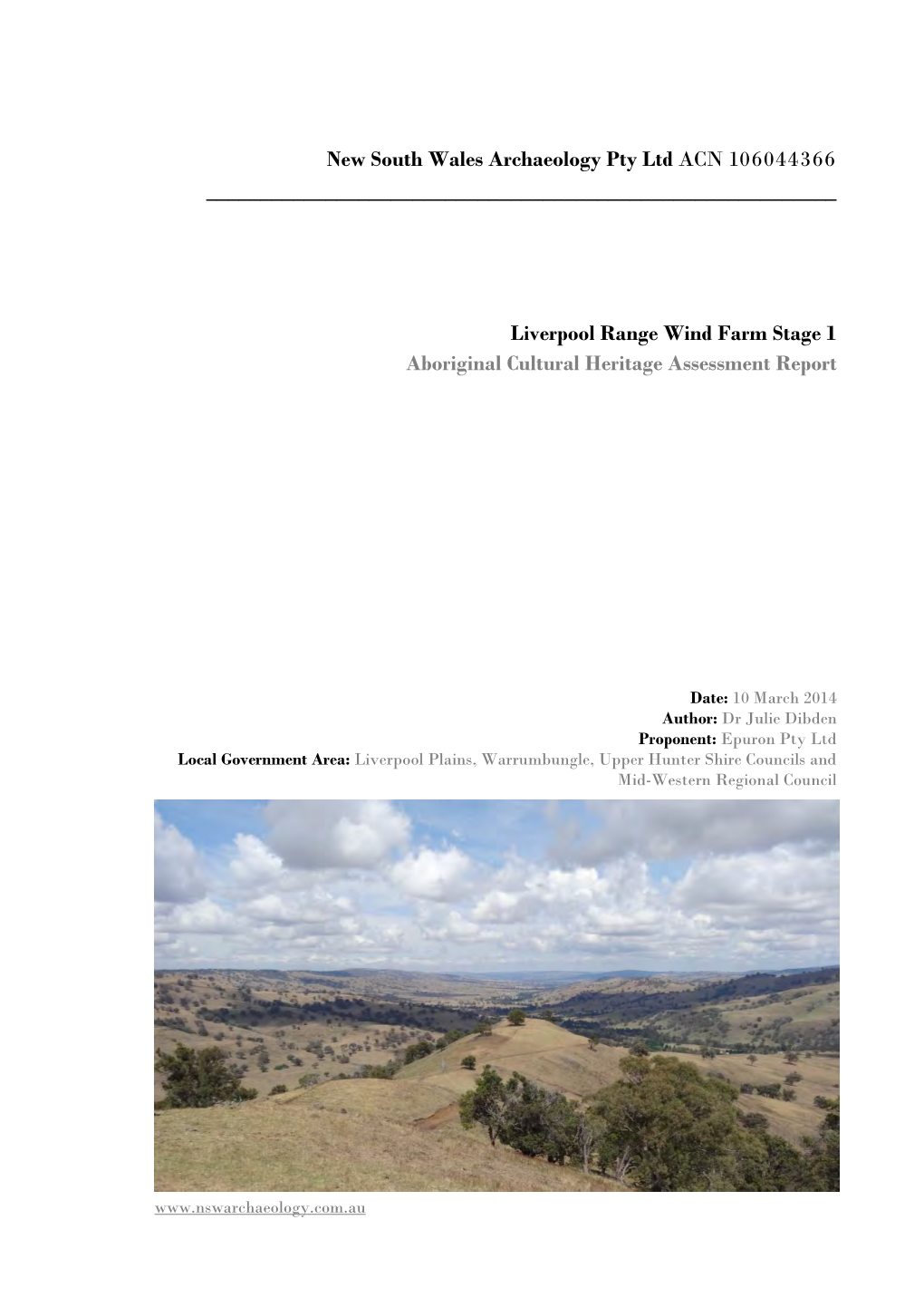 Liverpool Range Wind Farm Stage 1 Aboriginal Cultural Heritage Assessment Report