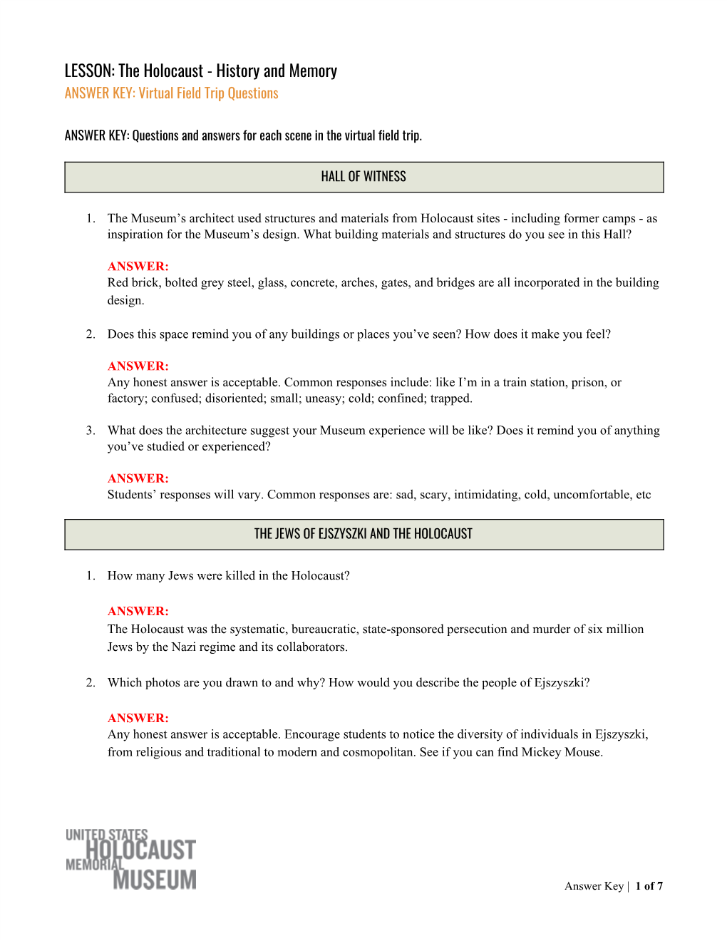 ANSWER KEY: Virtual Field Trip Questions