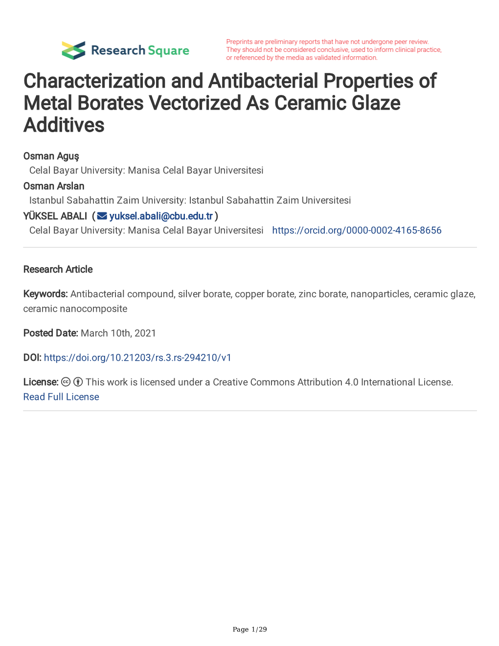 Characterization and Antibacterial Properties of Metal Borates Vectorized As Ceramic Glaze Additives