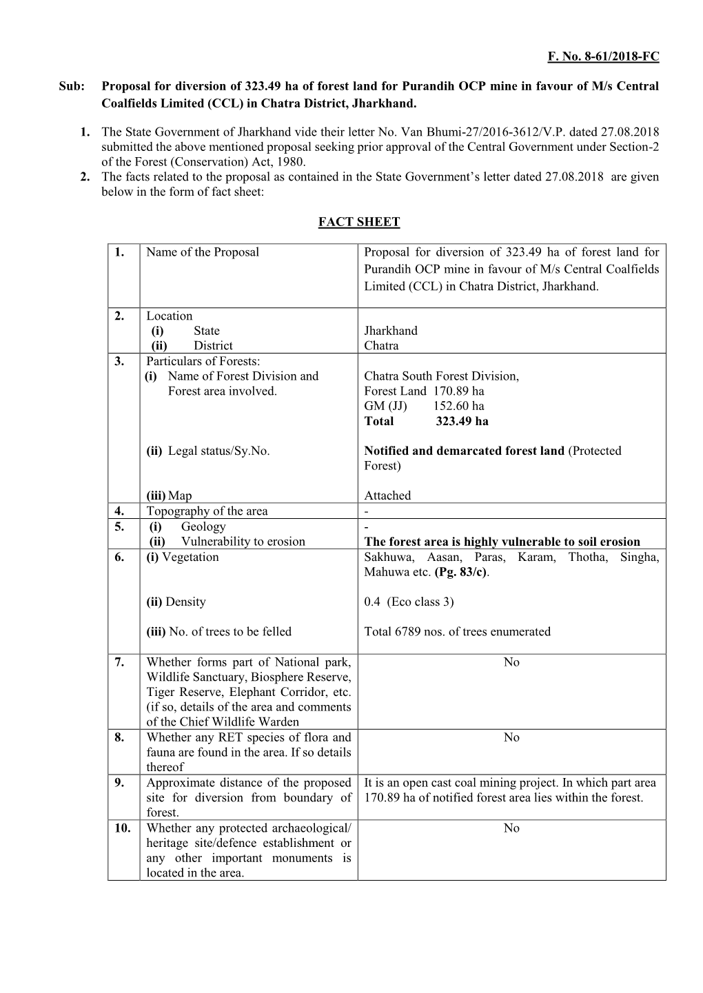 F. No. 8-61/2018-FC Sub: Proposal for Diversion of 323.49 Ha of Forest Land for Purandih OCP Mine in Favour of M/S Central Coalf