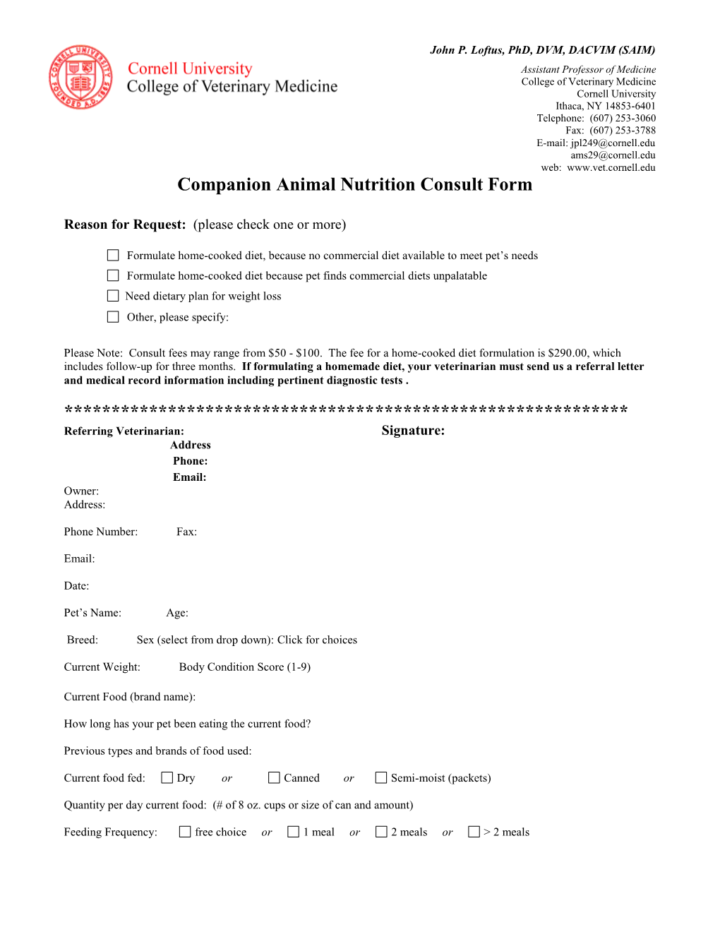 Companion Animal Nutrition Consult Form