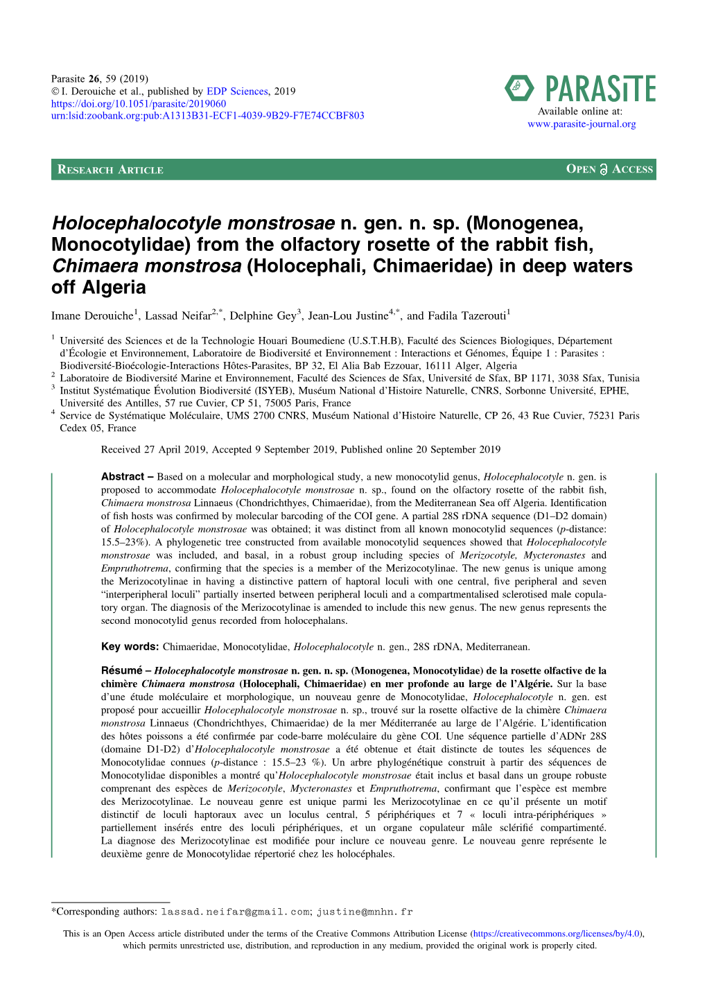 Monogenea, Monocotylidae) from the Olfactory Rosette of the Rabbit ﬁsh, Chimaera Monstrosa (Holocephali, Chimaeridae) in Deep Waters Off Algeria