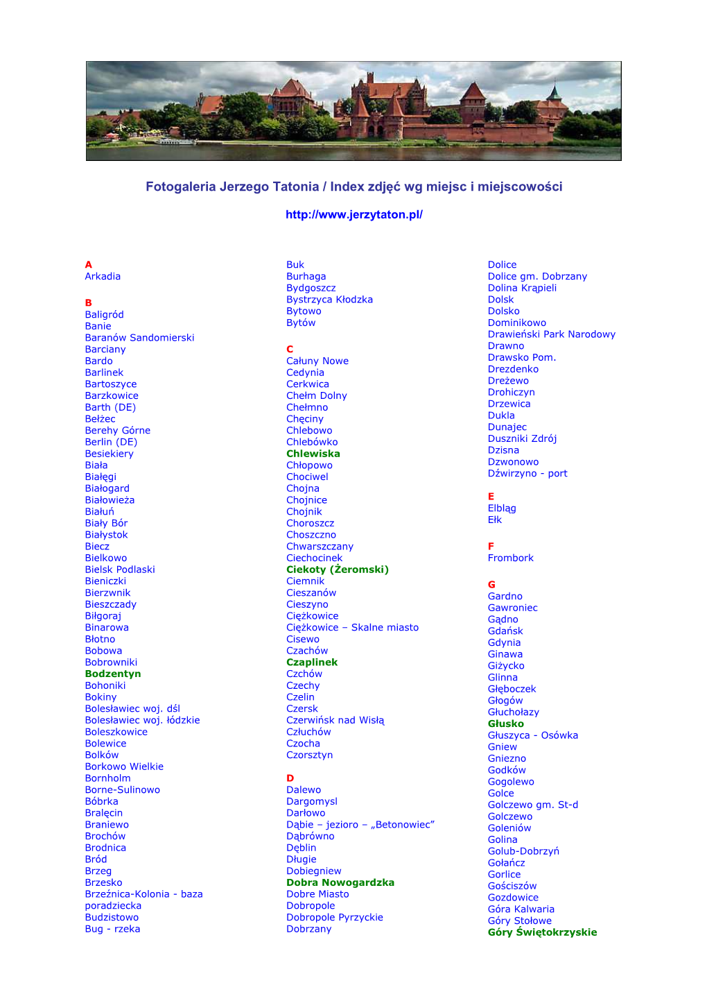 Fotogaleria Jerzego Tatonia / Index Zdjęć Wg Miejsc I Miejscowości