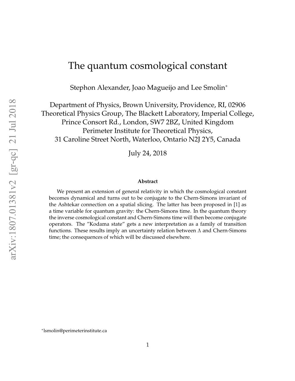 Arxiv:1807.01381V2 [Gr-Qc] 21 Jul 2018 the Quantum Cosmological Constant