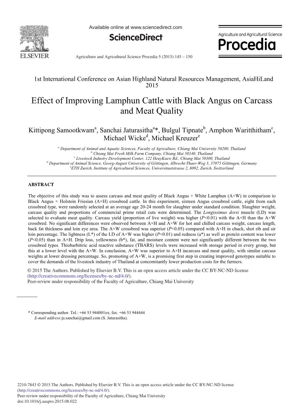 Effect of Improving Lamphun Cattle with Black Angus on Carcass and Meat Quality