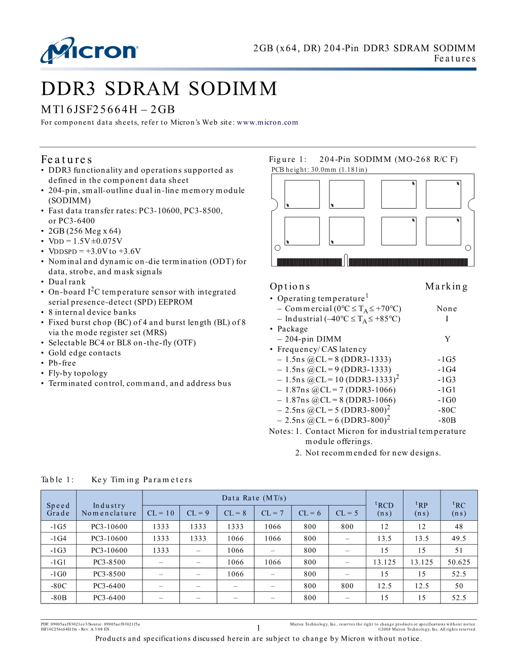 DDR3 SDRAM SODIMM 204-Pin, 2GB X64 Data Sheet