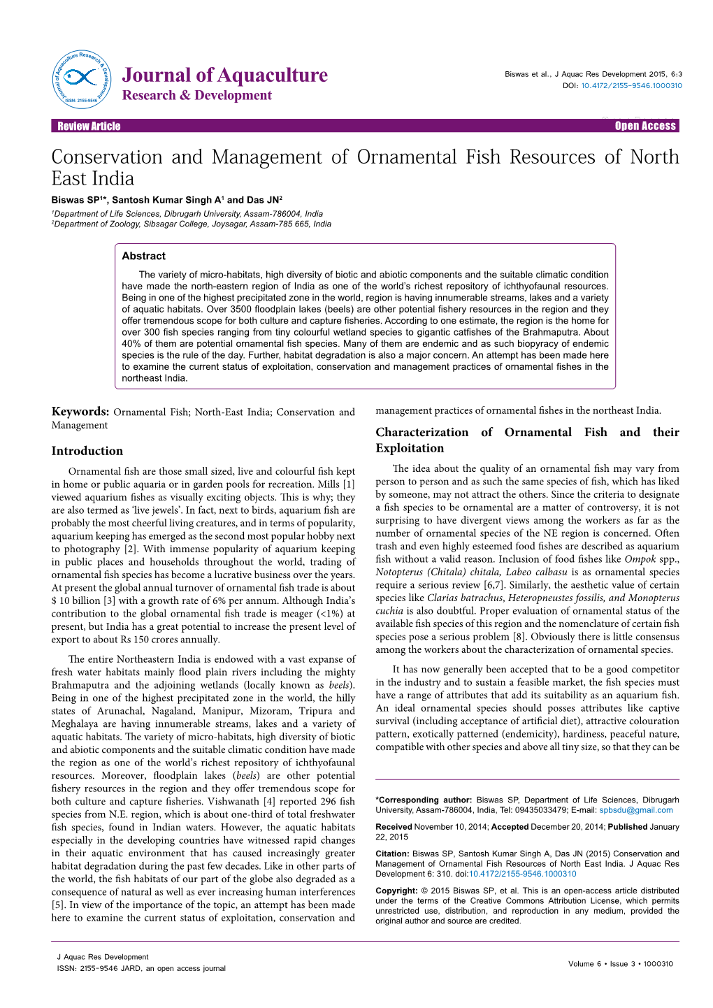 Conservation and Management of Ornamental Fish Resources of North East India