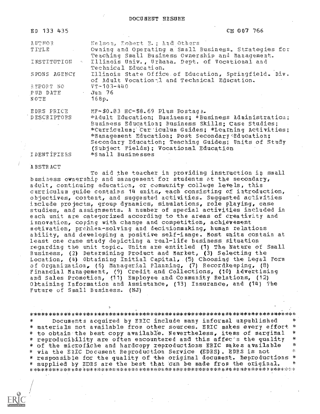 Owning and Operating a Small BUS1DSS . Pub DATF ABSTRACT