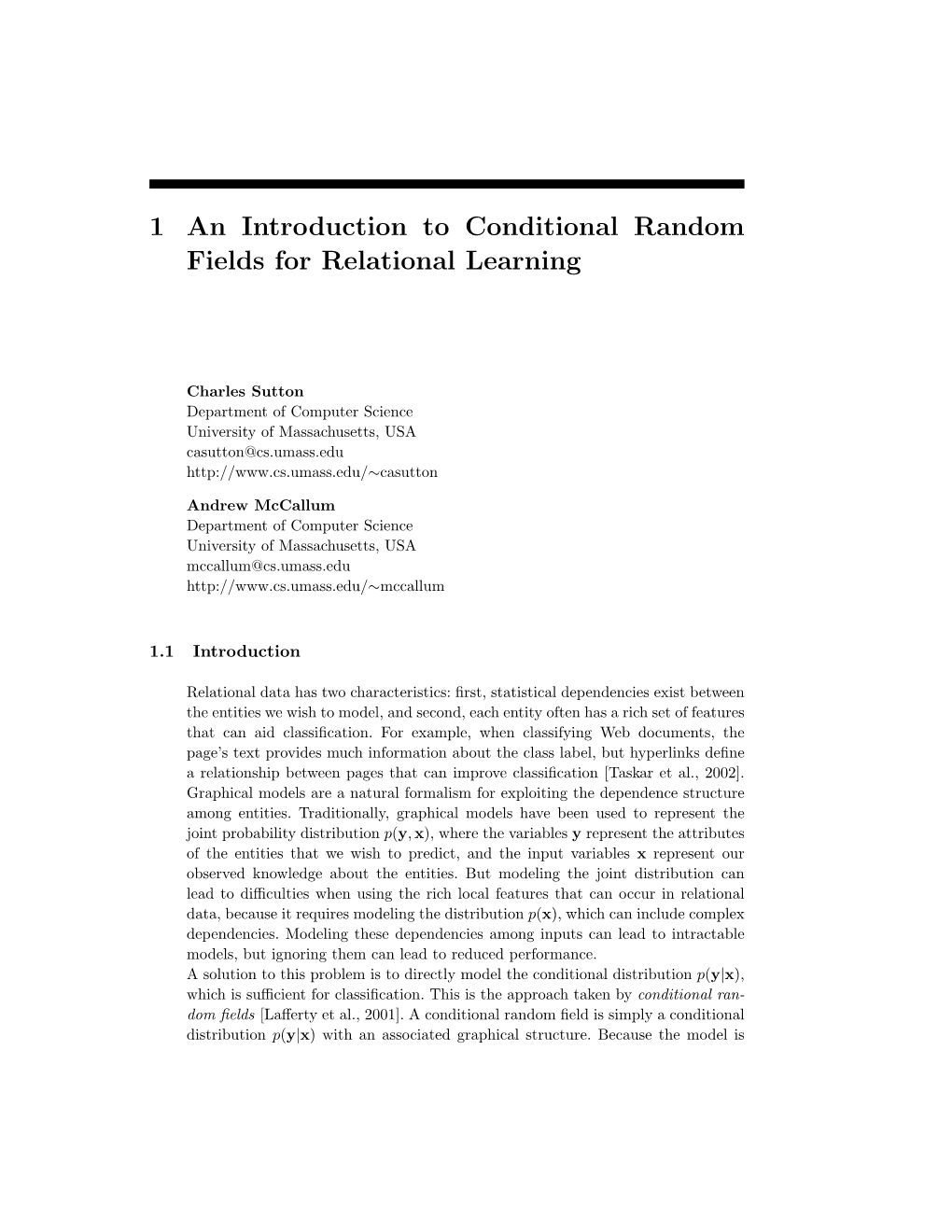 1 an Introduction to Conditional Random Fields for Relational Learning