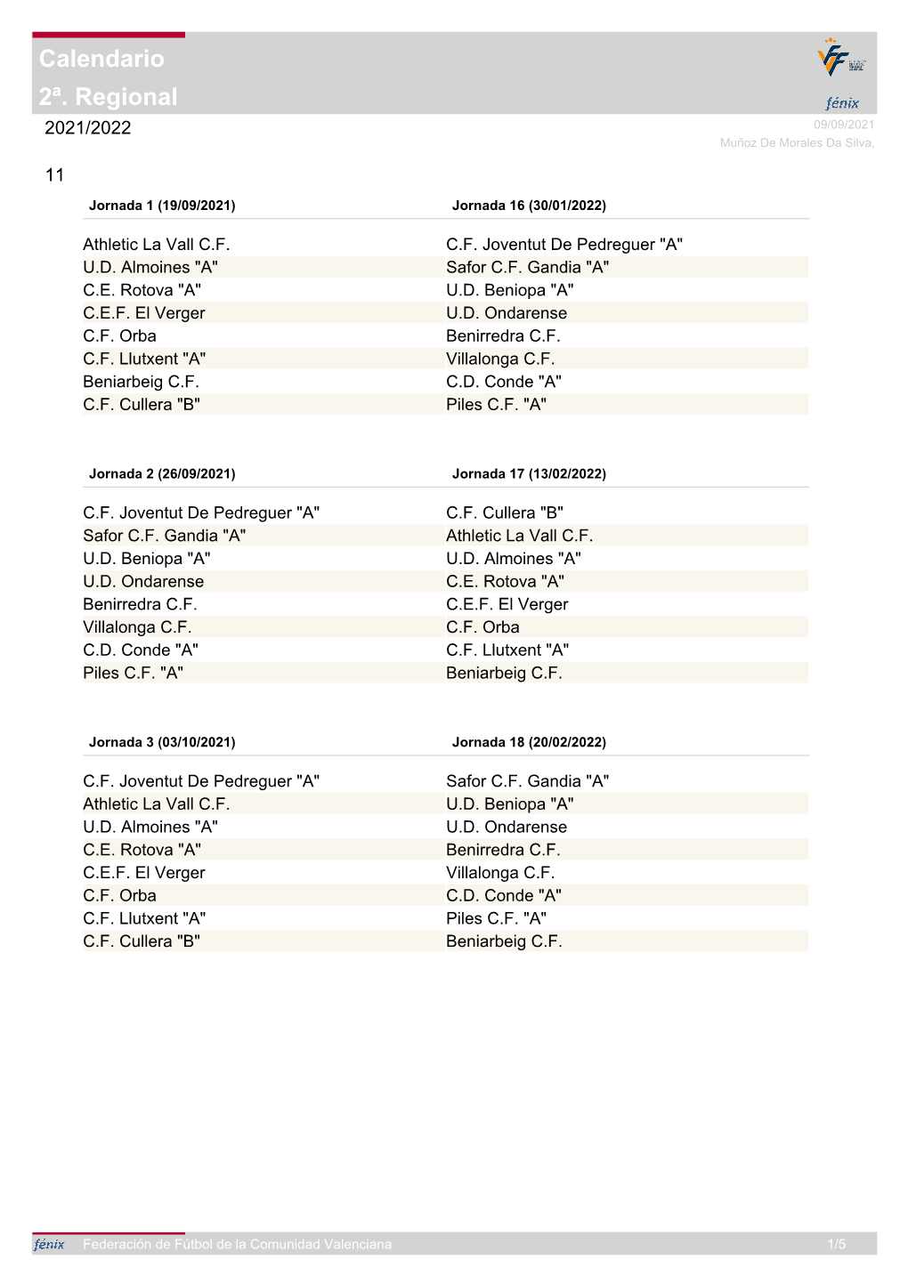 2ª. Regional Calendario