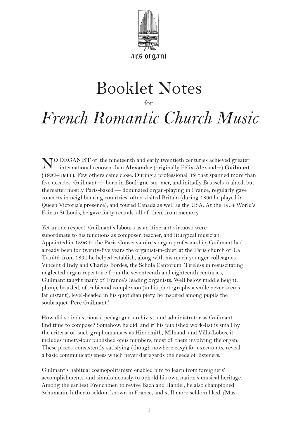 Booklet Notes French Romantic Church Music