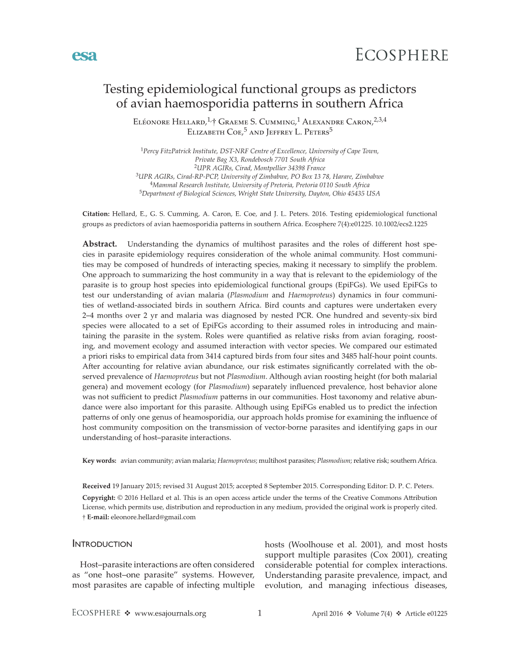 Testing Epidemiological Functional Groups As Predictors of Avian Haemosporidia Patterns in Southern Africa Eléonore Hellard,1,† Graeme S