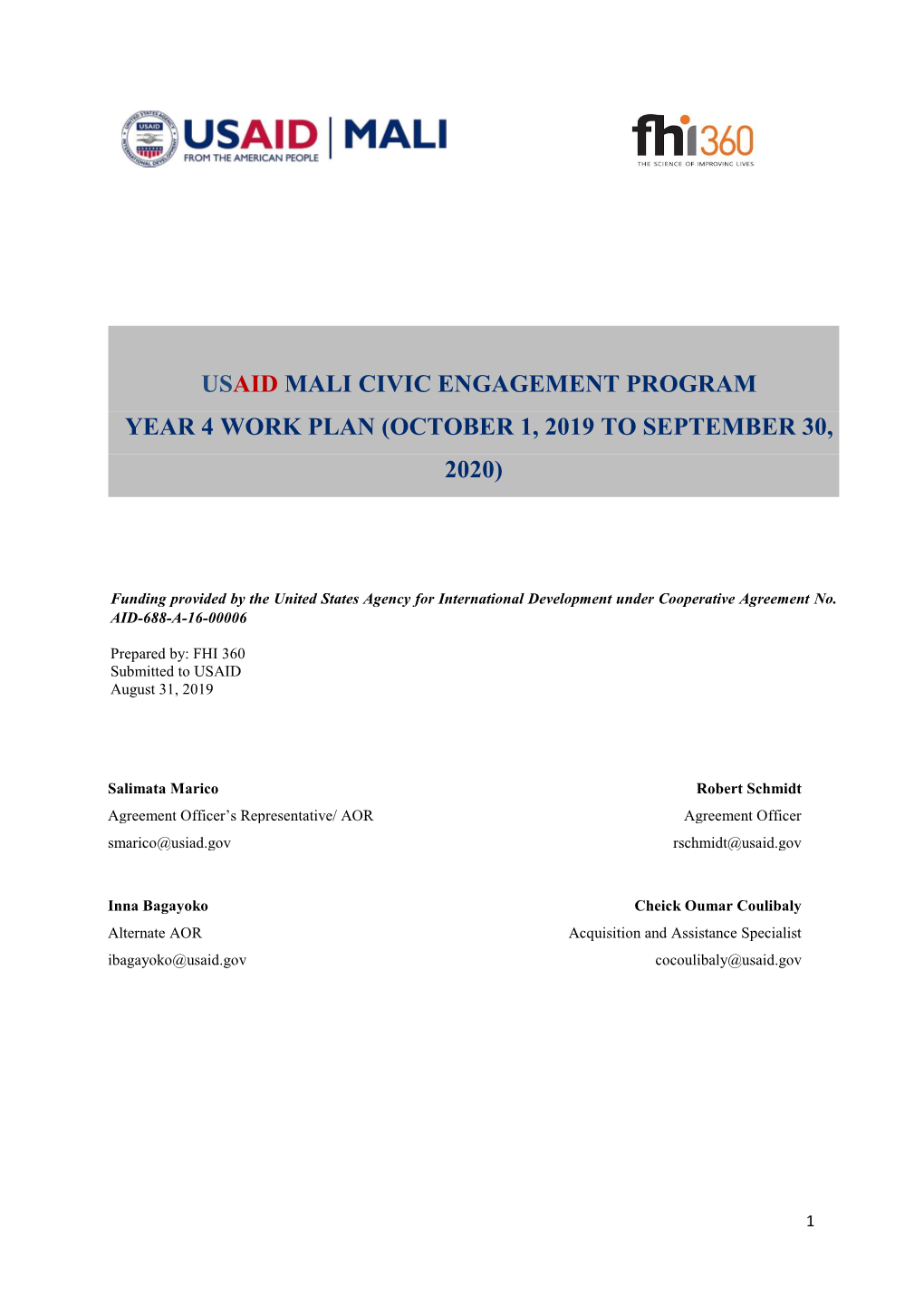 Usaid Mali Civic Engagement Program Year 4 Work Plan (October 1, 2019 to September 30, 2020)