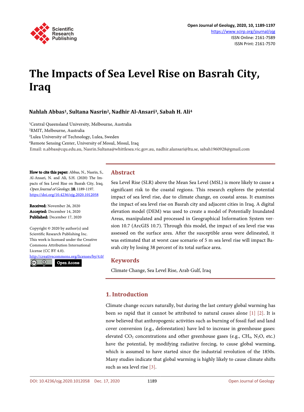 The Impacts of Sea Level Rise on Basrah City, Iraq