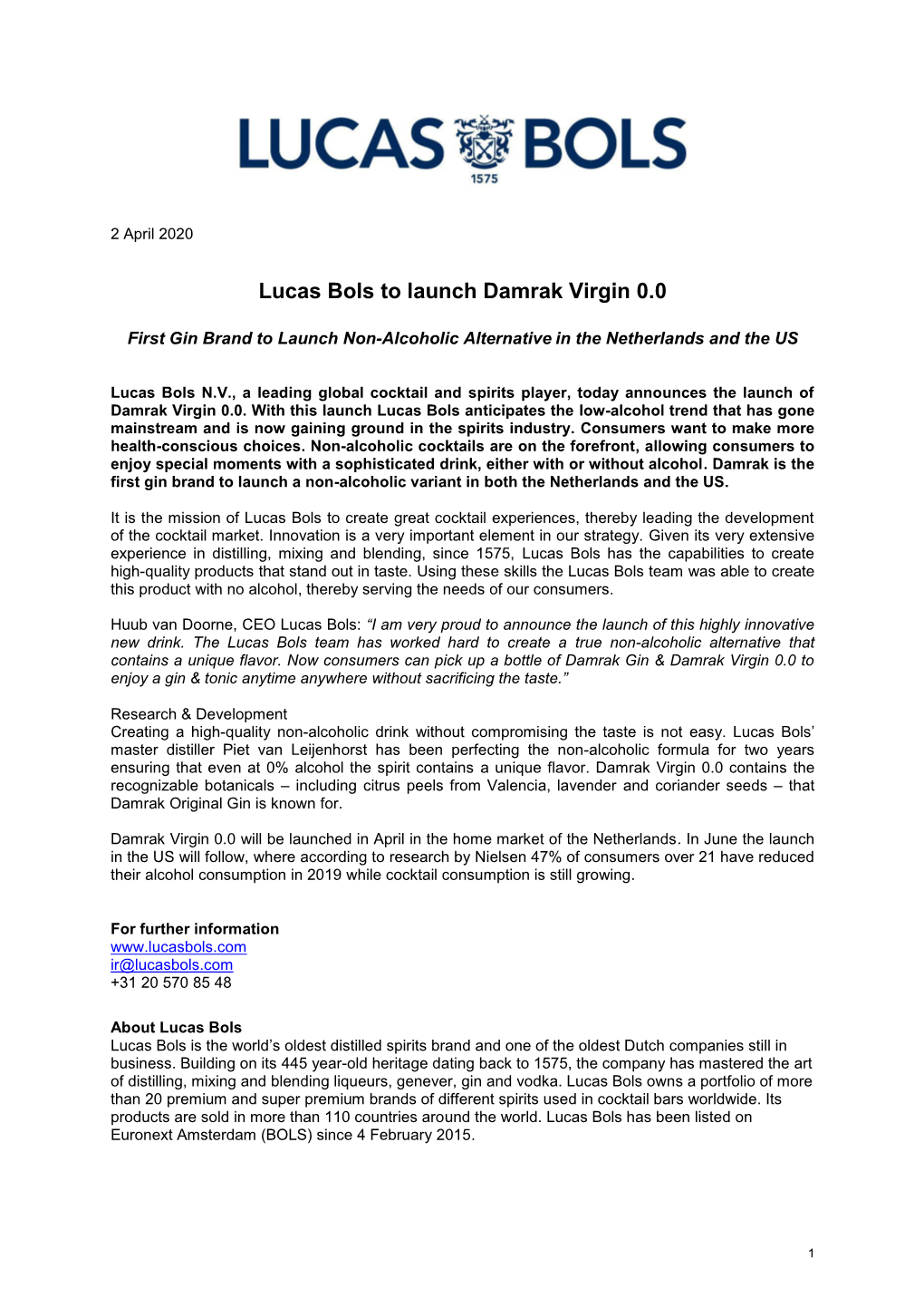 Lucas Bols to Launch Damrak Virgin 0.0