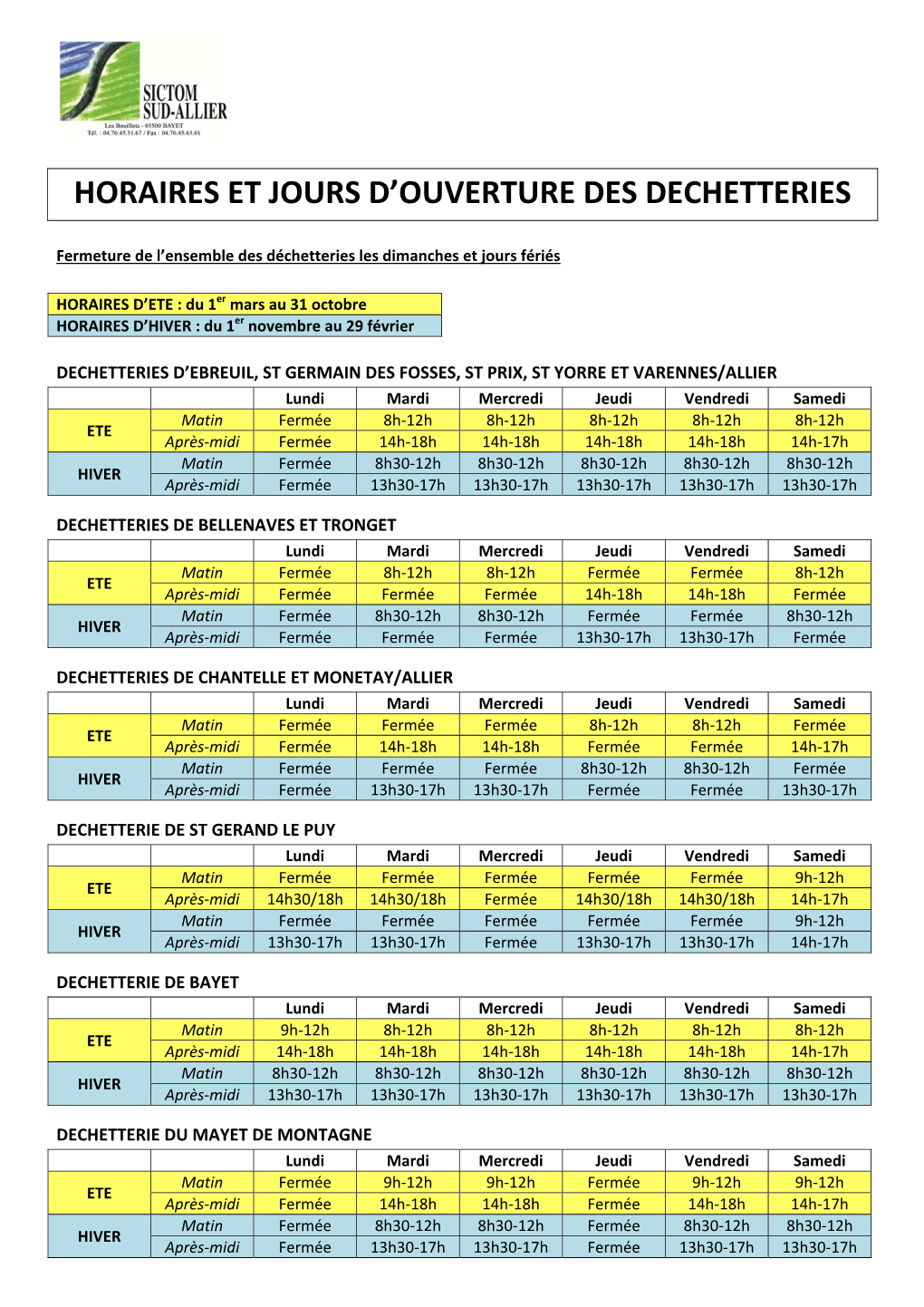 Horaires Et Jours D'ouverture Des