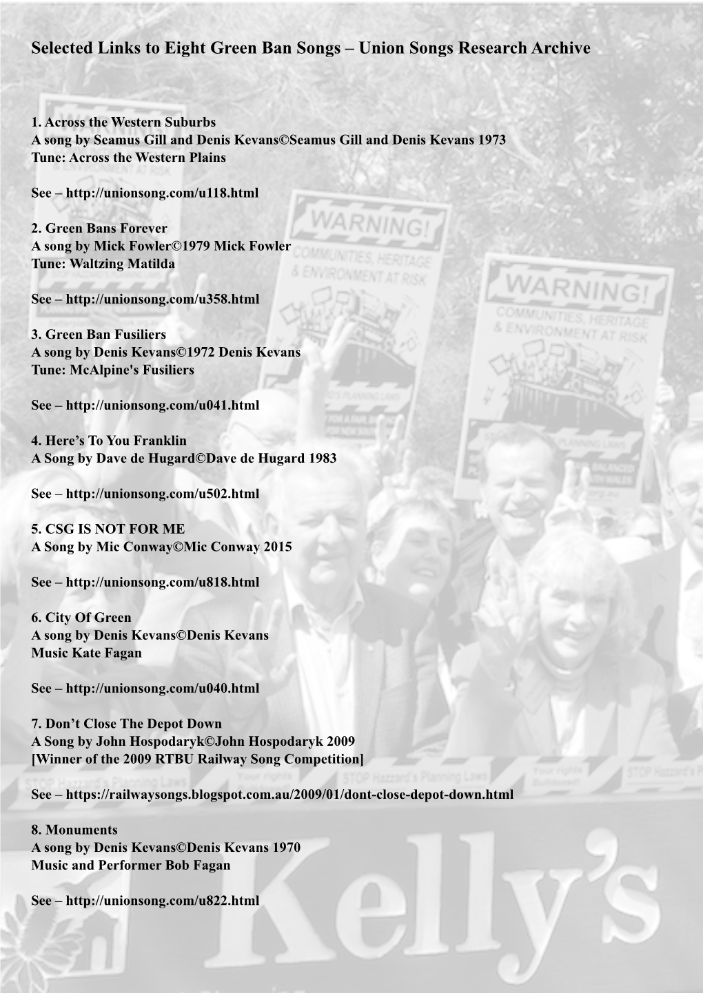 Selected Links to Eight Green Ban Songs – Union Songs Research Archive