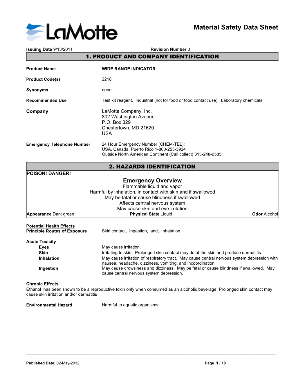 Material Safety Data Sheet