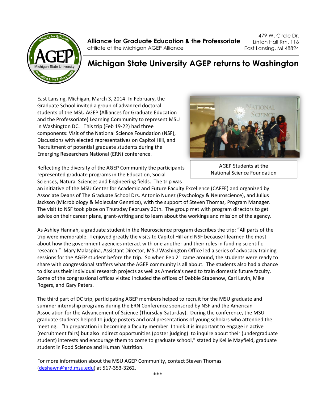 Michigan State University AGEP Returns to Washington