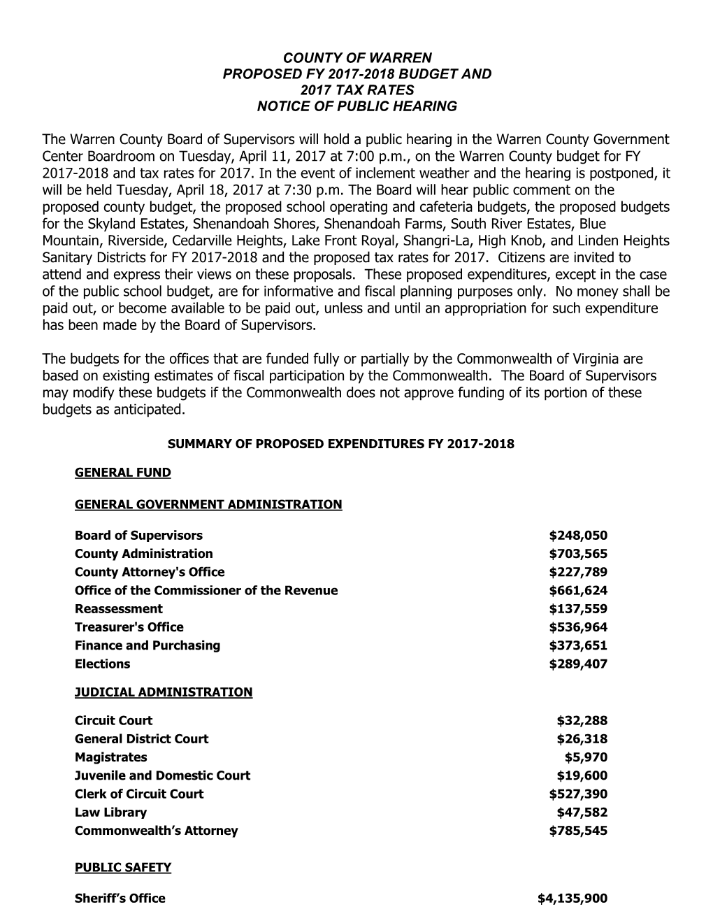 County of Warren Proposed Fy 2017-2018 Budget and 2017 Tax Rates Notice of Public Hearing