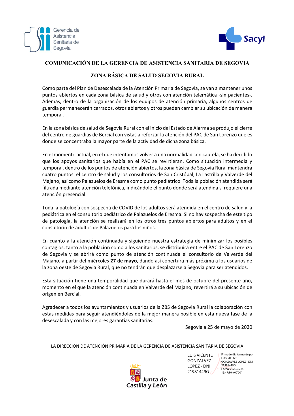 Comunicación De La Gerencia De Asistencia Sanitaria De Segovia