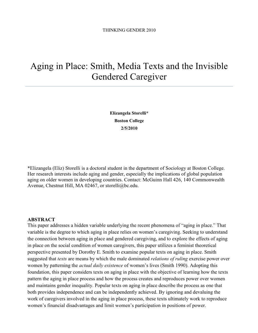Aging in Place: Smith, Media Texts and the Invisible Gendered Caregiver