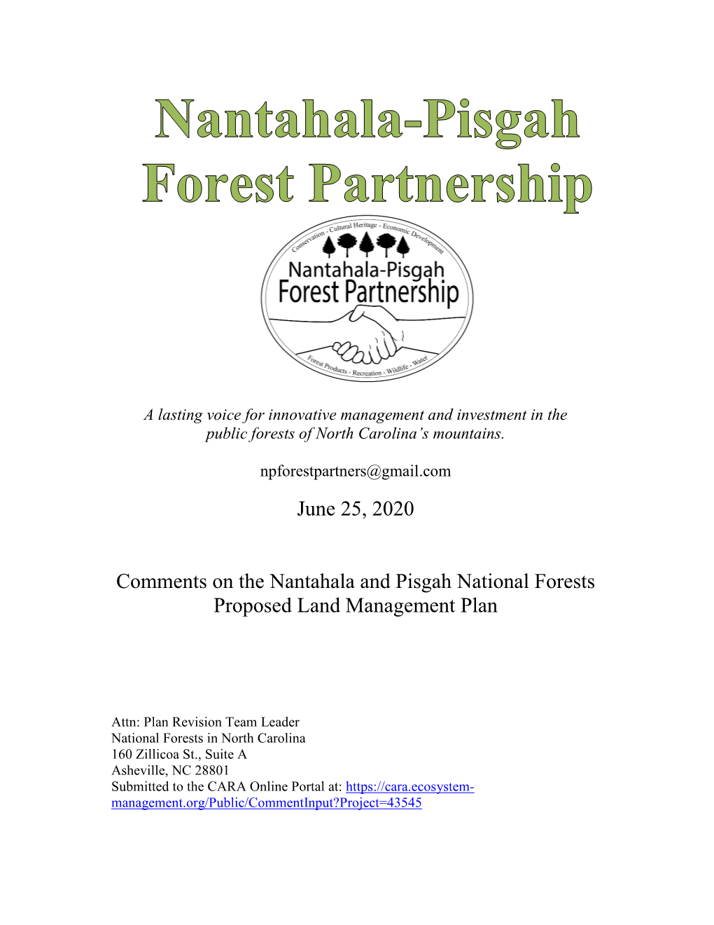 June 25, 2020 Comments on the Nantahala and Pisgah National Forests Proposed Land Management Plan