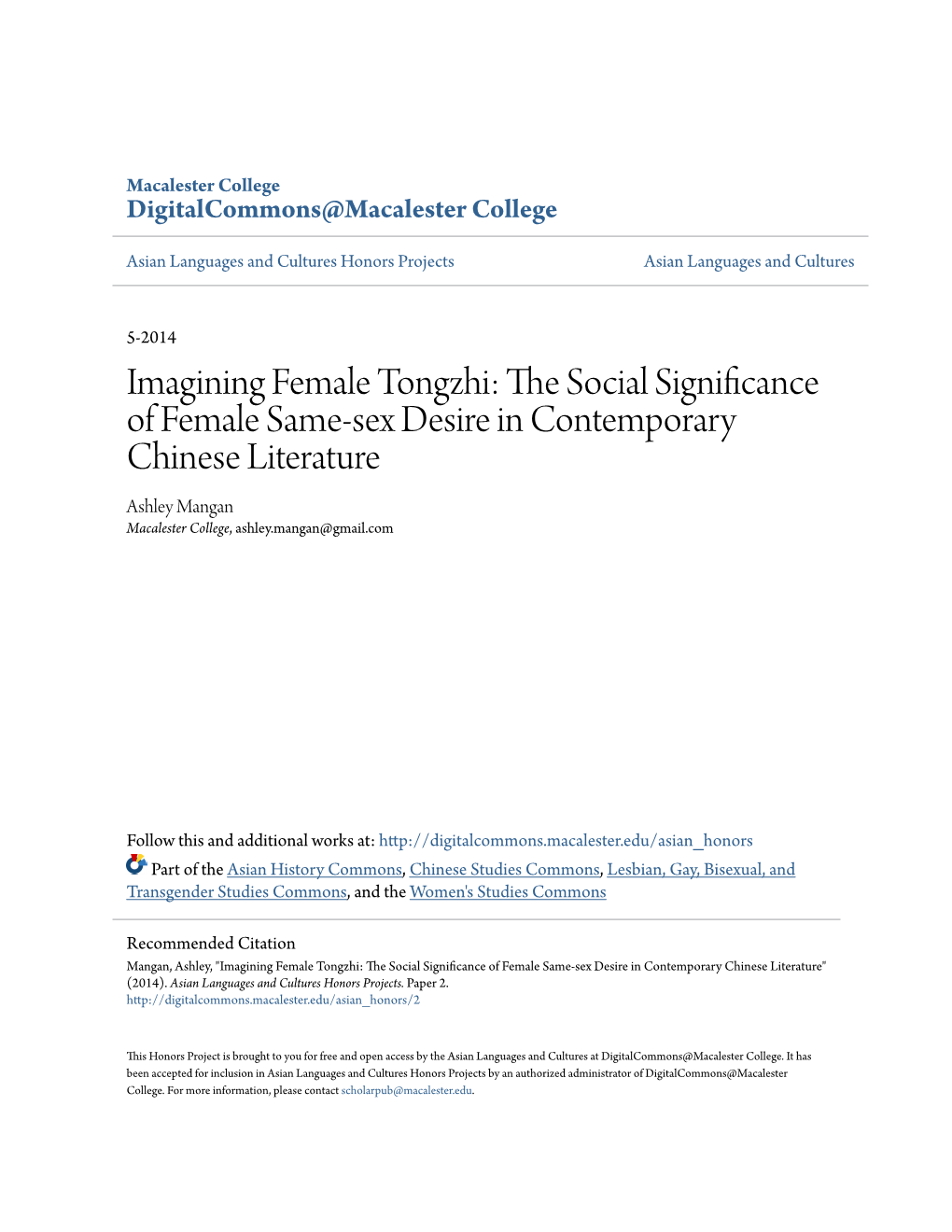 The Social Significance of Female Same-Sex Desire in Contemporary Chinese Literature