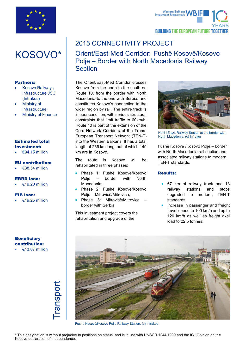 KOSOVO* Orient/East-Med Corridor: Fushë Kosovë/Kosovo Polje – Border with North Macedonia Railway Section