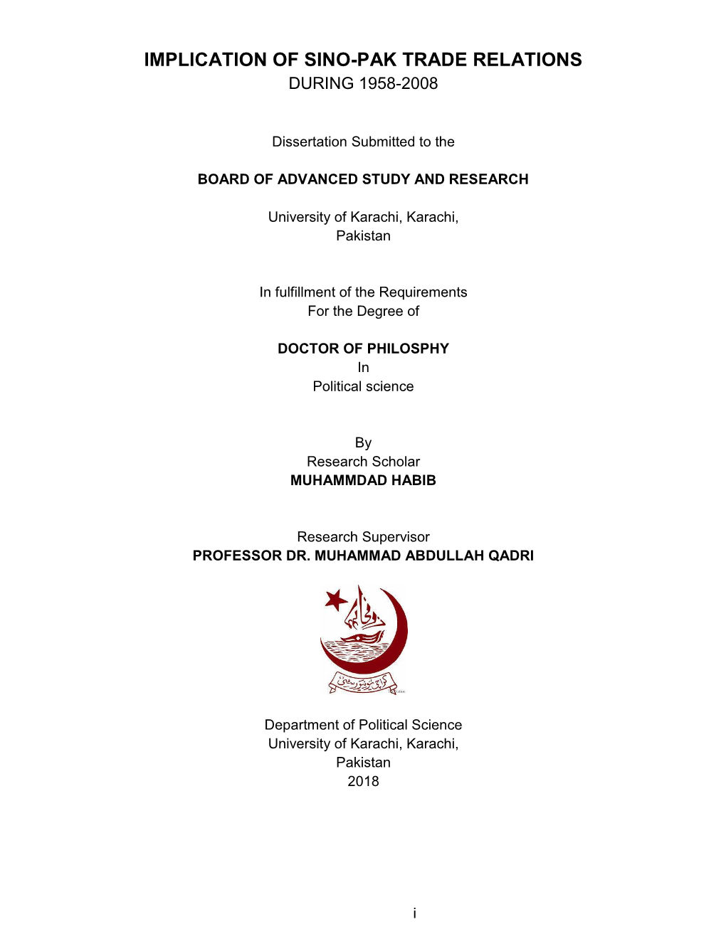 Implication of Sino-Pak Trade Relations During 1958-2008