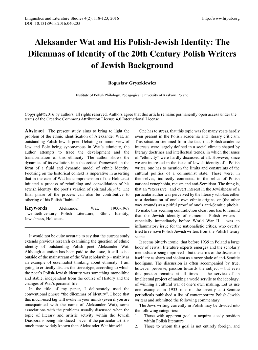 Aleksander Wat and His Polish-Jewish Identity: the Dilemmas of Identity of the 20Th Century Polish Writers of Jewish Background