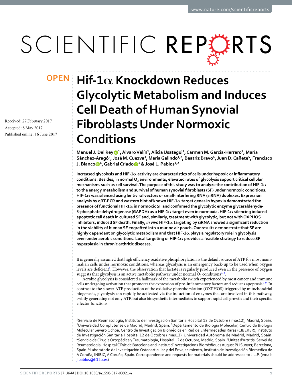 Hif-1Α Knockdown Reduces Glycolytic Metabolism and Induces Cell