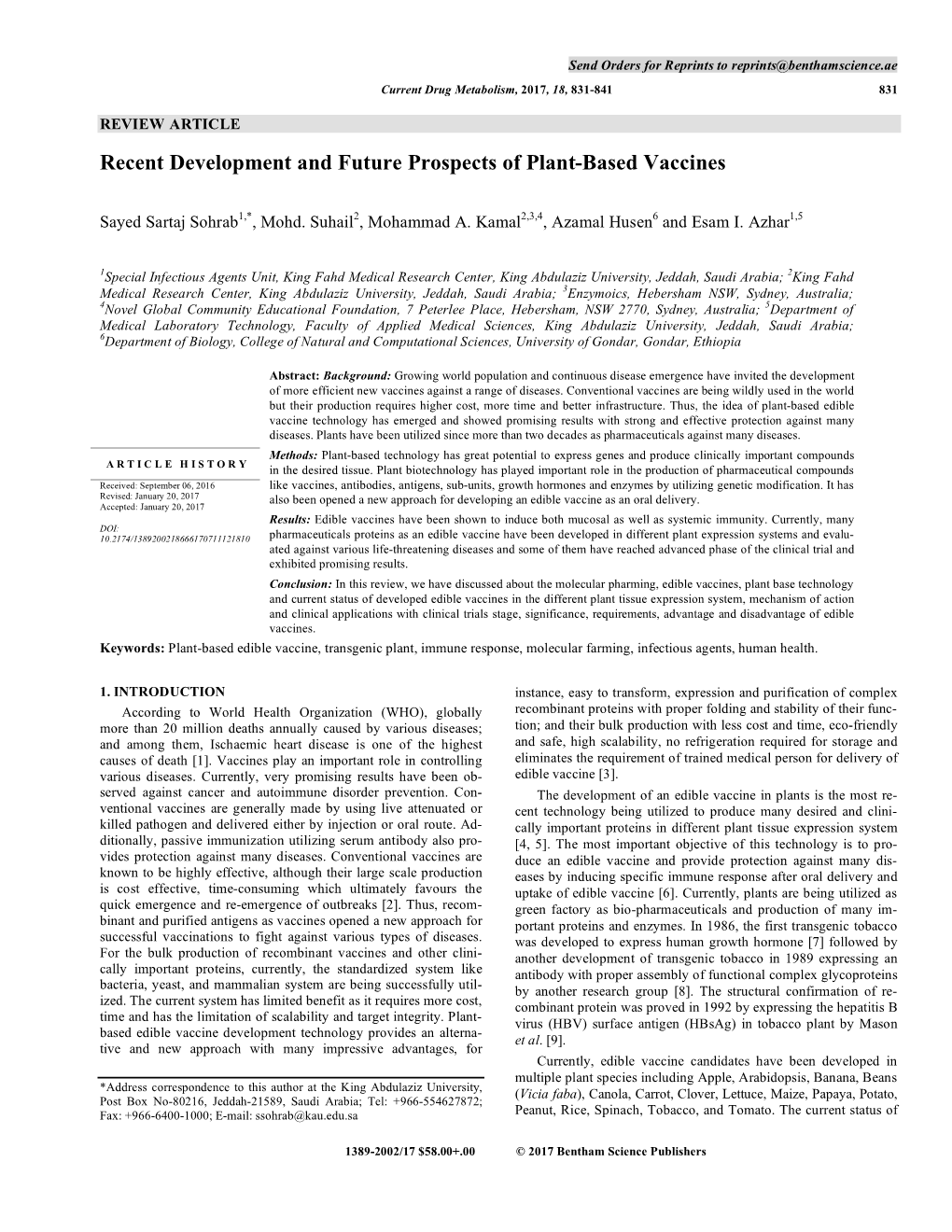 Recent Development and Future Prospects of Plant-Based Vaccines