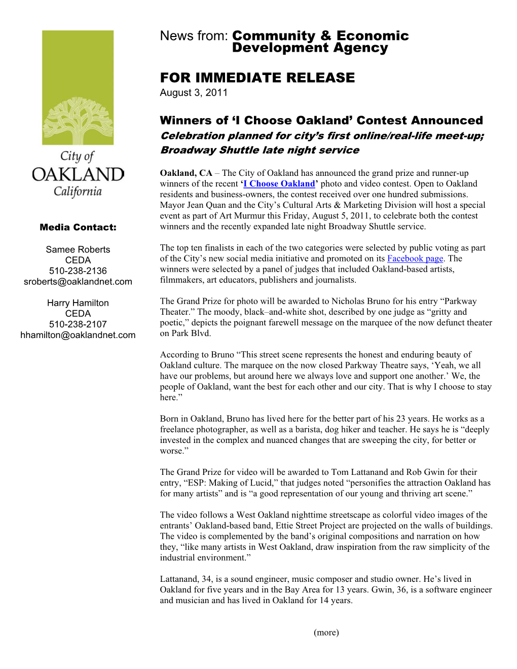 'I Choose Oakland' Contest Announced